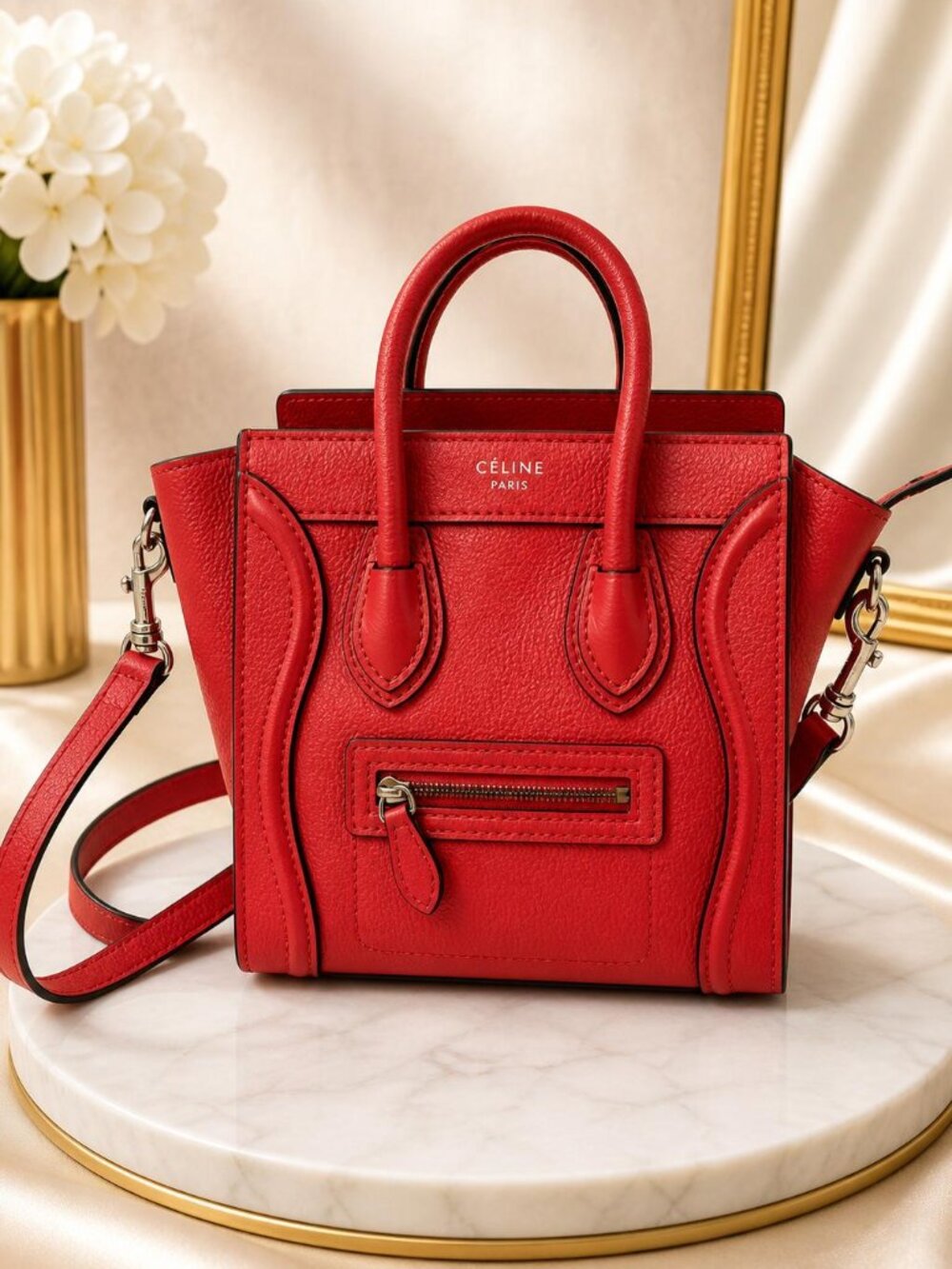 Authentic Celine Nano Luggage Tote Red Leather Shoulder Bag Top Handle Bag